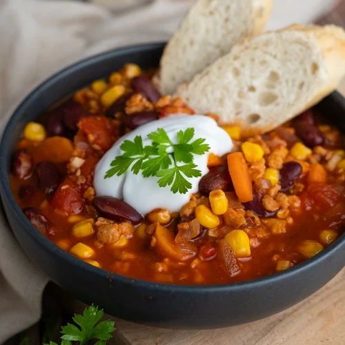 Veganes Chili sin carne mit Baguette