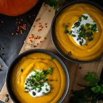 Foodfoto Hokkaidosuppe mit Linsen, Joghurt, Kürbiskernen und Petersilie