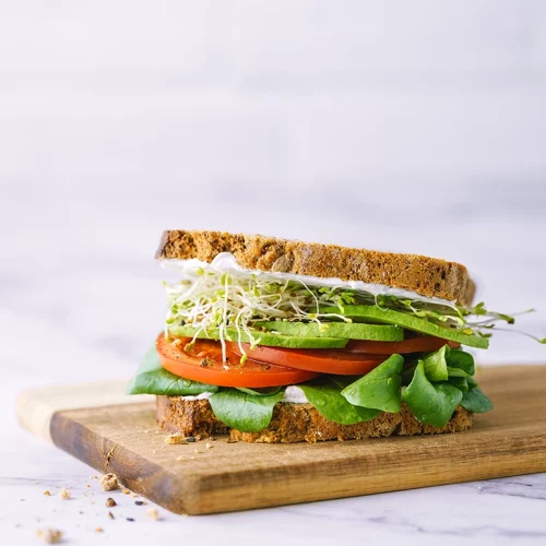 Foodfoto Vollkornbrot belegt mit Salat, Tomate, Avocado und Sprossen