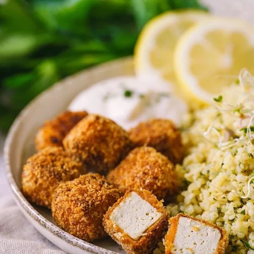 Zitronenbulgur mit Knuspertofu aufgeschnitten