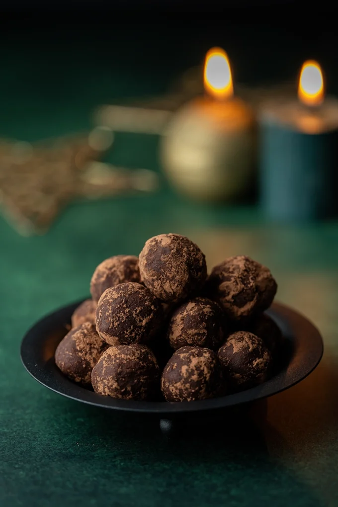 Lebkuchen Engergyballs gestapelt auf einem kleinen schwarzem Teller