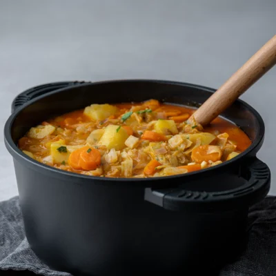 Veganes Spitzkohl Curry in einem schwarzen Topf