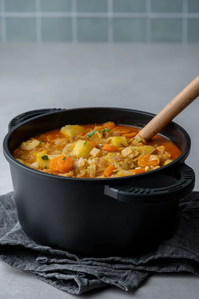 Veganes Spitzkohl Curry in einem schwarzen Topf