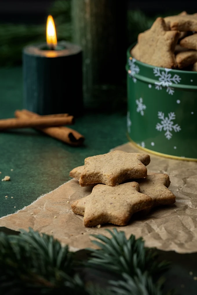 vegane Zimt-Plätzchen neben einer Keksdose und einer Kerze