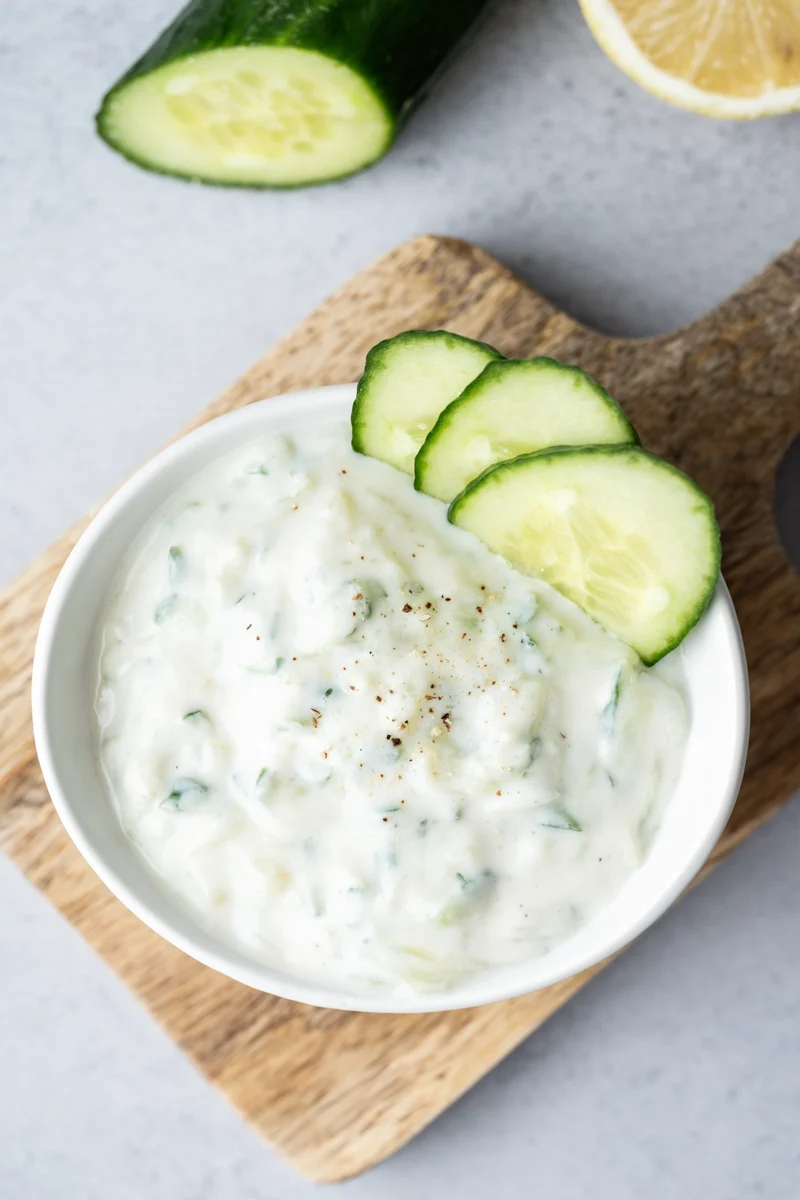 rezept-vegan-dip-zaziki-knoblauch-titel weiße Schale mit veganem Zaziki und Gurke auf Brettchen