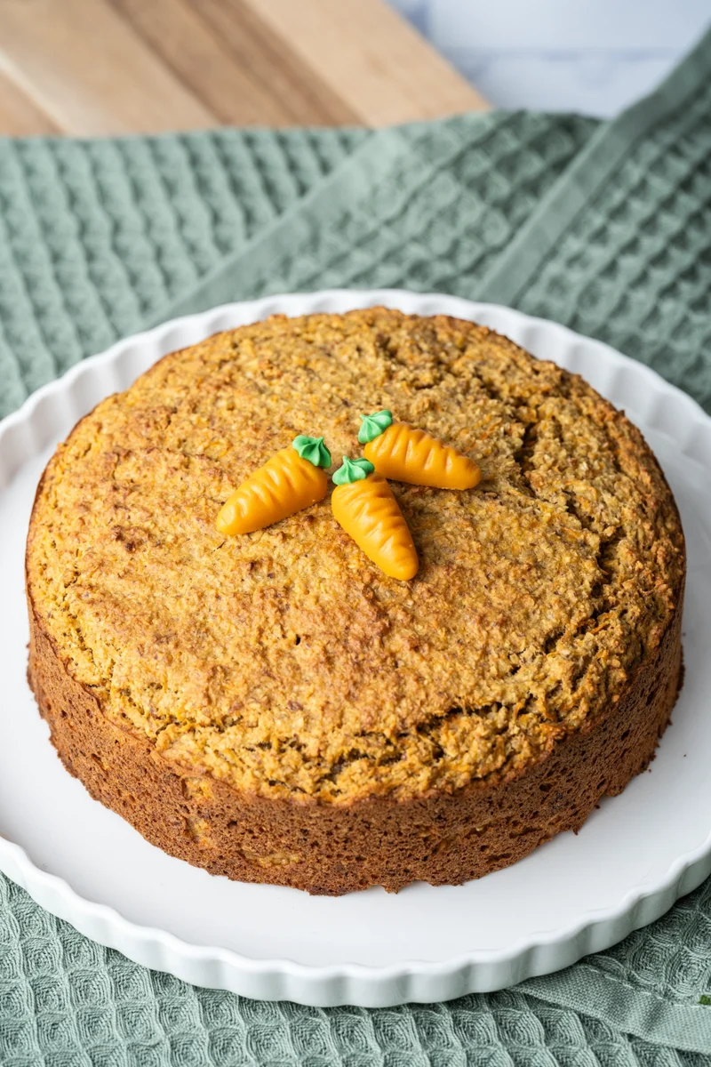 rezept-vegan-ostern-karottenkuchen-ohne-guss-1 Veganer Karottenkuchen ohne Frosting auf weißem Teller