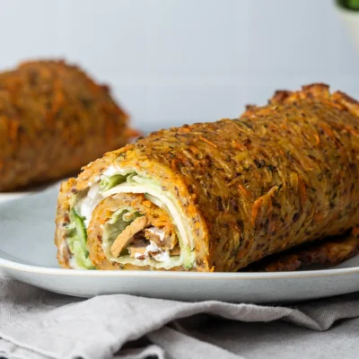 Vegane Kartoffelrolle auf einem hellen Teller