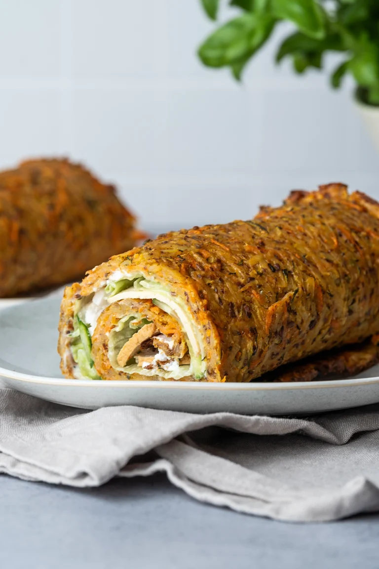 Vegane Kartoffelrolle auf einem hellen Teller
