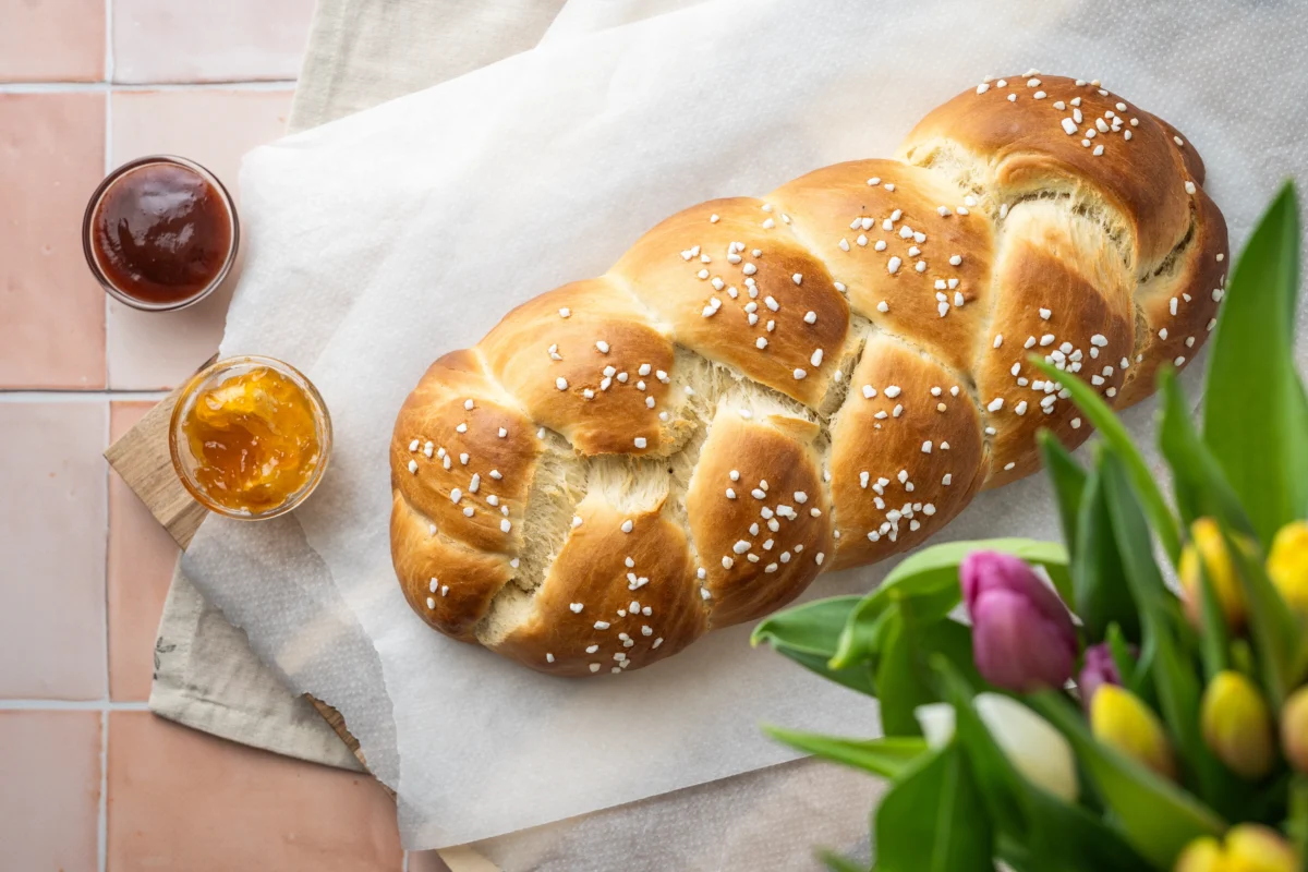 veganer Hefezopf auf weißem Backpapier
