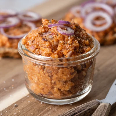 Veganes Mett in einem Glas auf einem Holzbrett