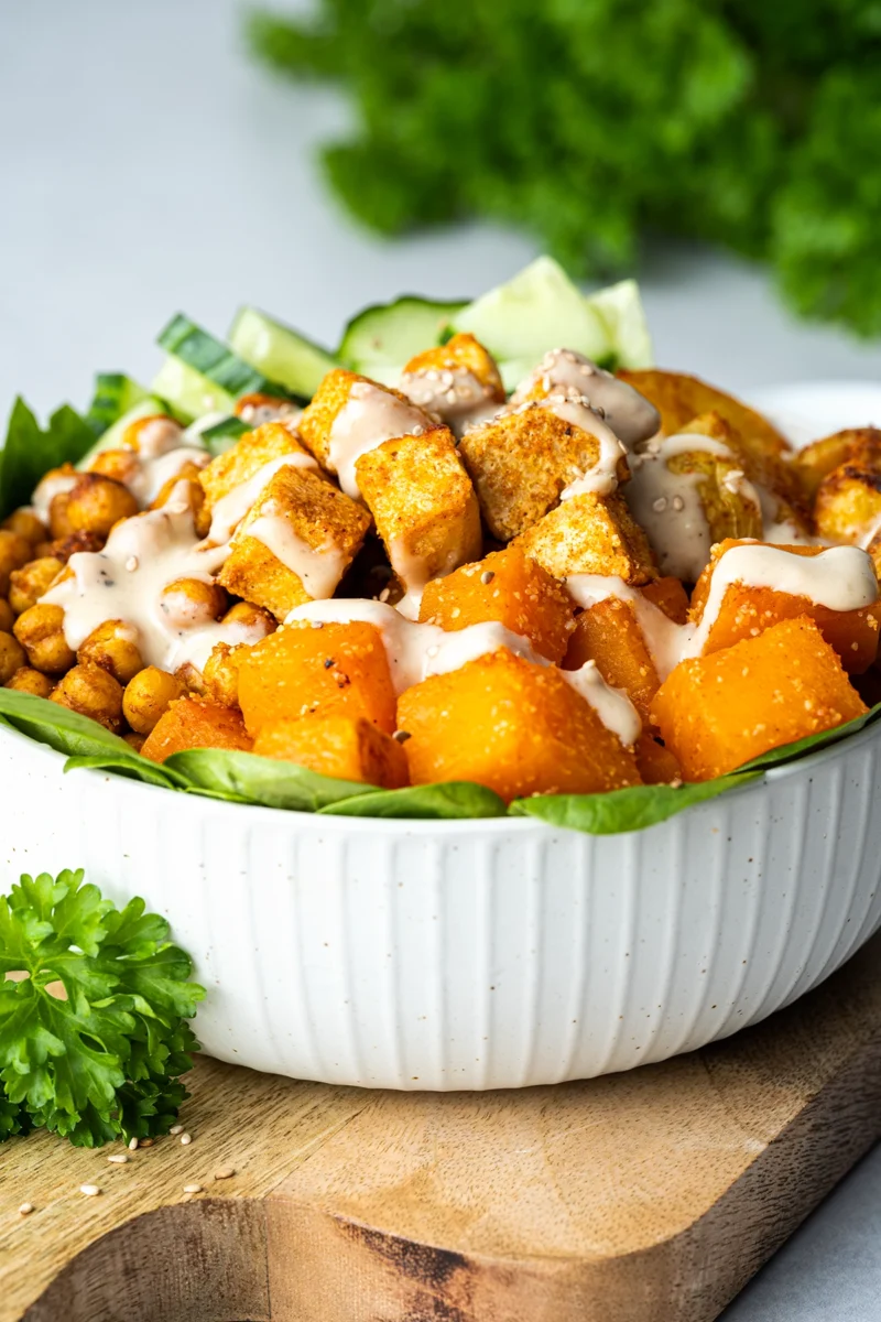 rezept-vegan-suesskartoffel-bowl-ofengemuese Süßkartoffelbowl in heller Schale auf einem Brett