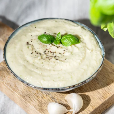 Weiße-Bohnen-Dip mit Knoblauch in einer kleinen Schale