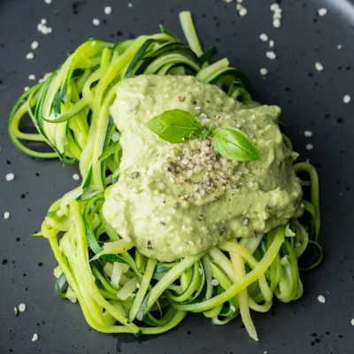 Zucchini-spaghetti mit Avocado-Pesto auf schwarzem Teller