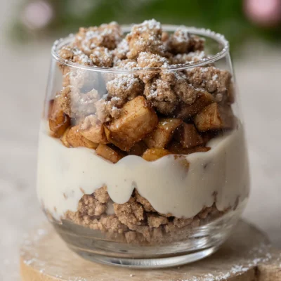 Apfel-Crumble-Schichtdesser auf Holzuntergrund