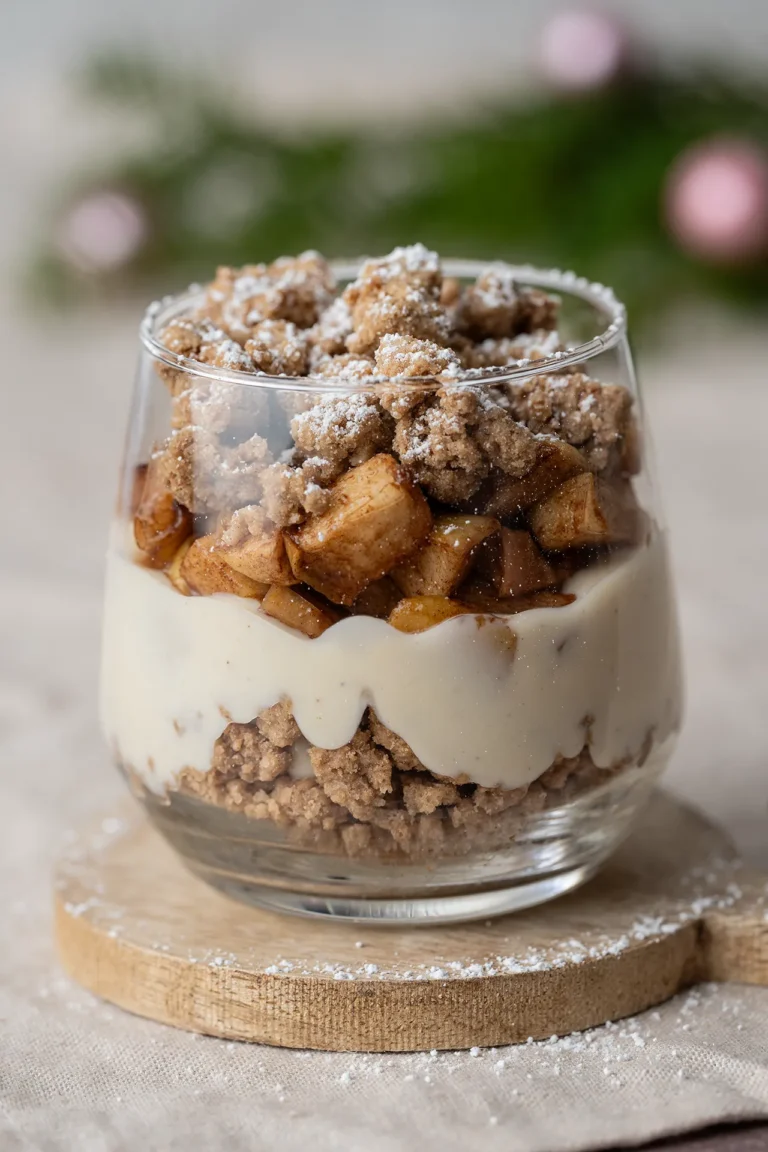 Apfel-Crumble-Schichtdesser auf Holzuntergrund