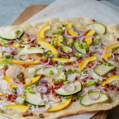 Veganer Flammkuchen mit Zucchini und Zwiebeln auf einem Brett