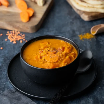 One-Pot Möhren-Curry mit roten Linsen in schwarzer Schale