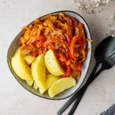 Startseite 21 Spitzkohl-Pfanne mit Kartoffeln in einer Schale daneben schwarzes Besteck