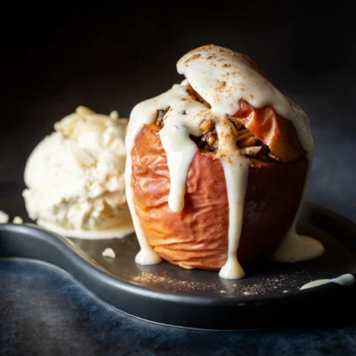 Bratapfel mit Vanilleeies und veganer Vanillesoße auf schwarzem Teller