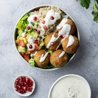 Falafel-Bowl mit Minz-Joghurt und Granatapfelkernen