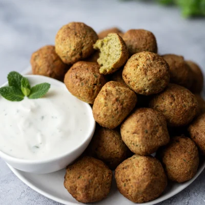Falafel aus dem Airfryer auf einem Teller mit Minz-Joghurt-Dip