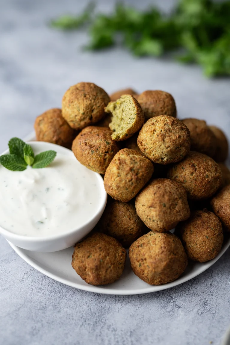 Falafel aus dem Airfryer auf einem Teller mit Minz-Joghurt-Dip