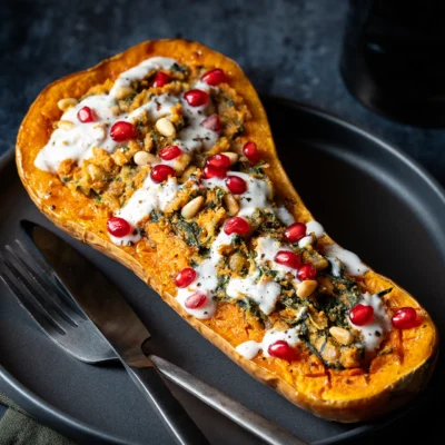 Vegan gefüllter Butternut aus dem Ofen auf schwarzem Teller