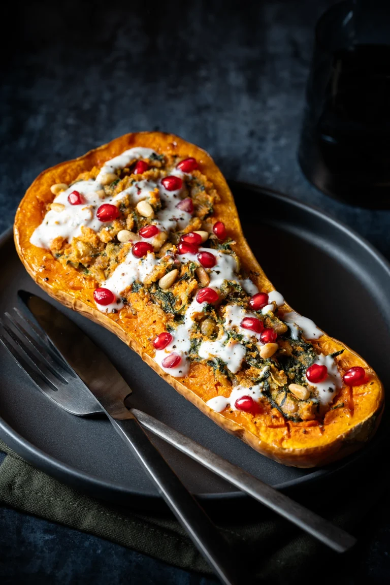 Vegan gefüllter Butternut aus dem Ofen auf schwarzem Teller