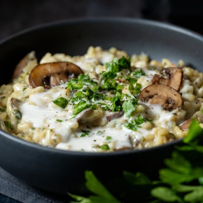 Cremiges veganes Pilzrisotto in schwarzer Schale