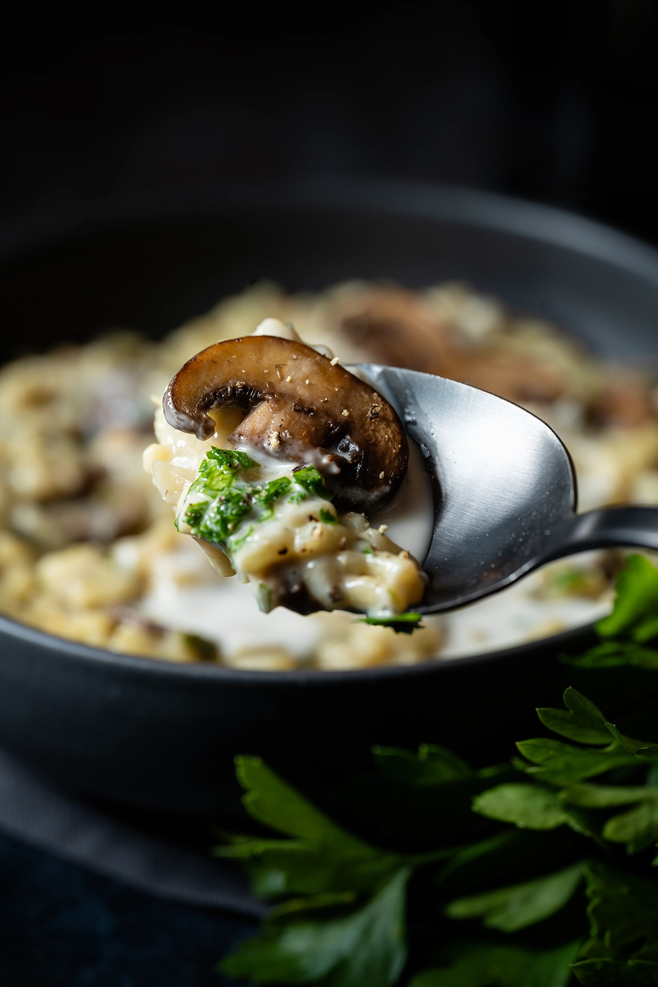 Ein Löffel mit etwas Pilzrisotto und einem Pilz