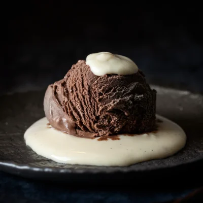 Vegane Vanillesoße auf einer Kugel Schokoladeneis
