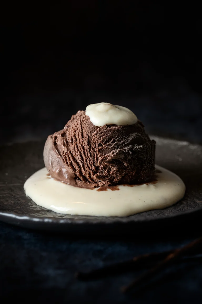 Vegane Vanillesoße auf einer Kugel Schokoladeneis