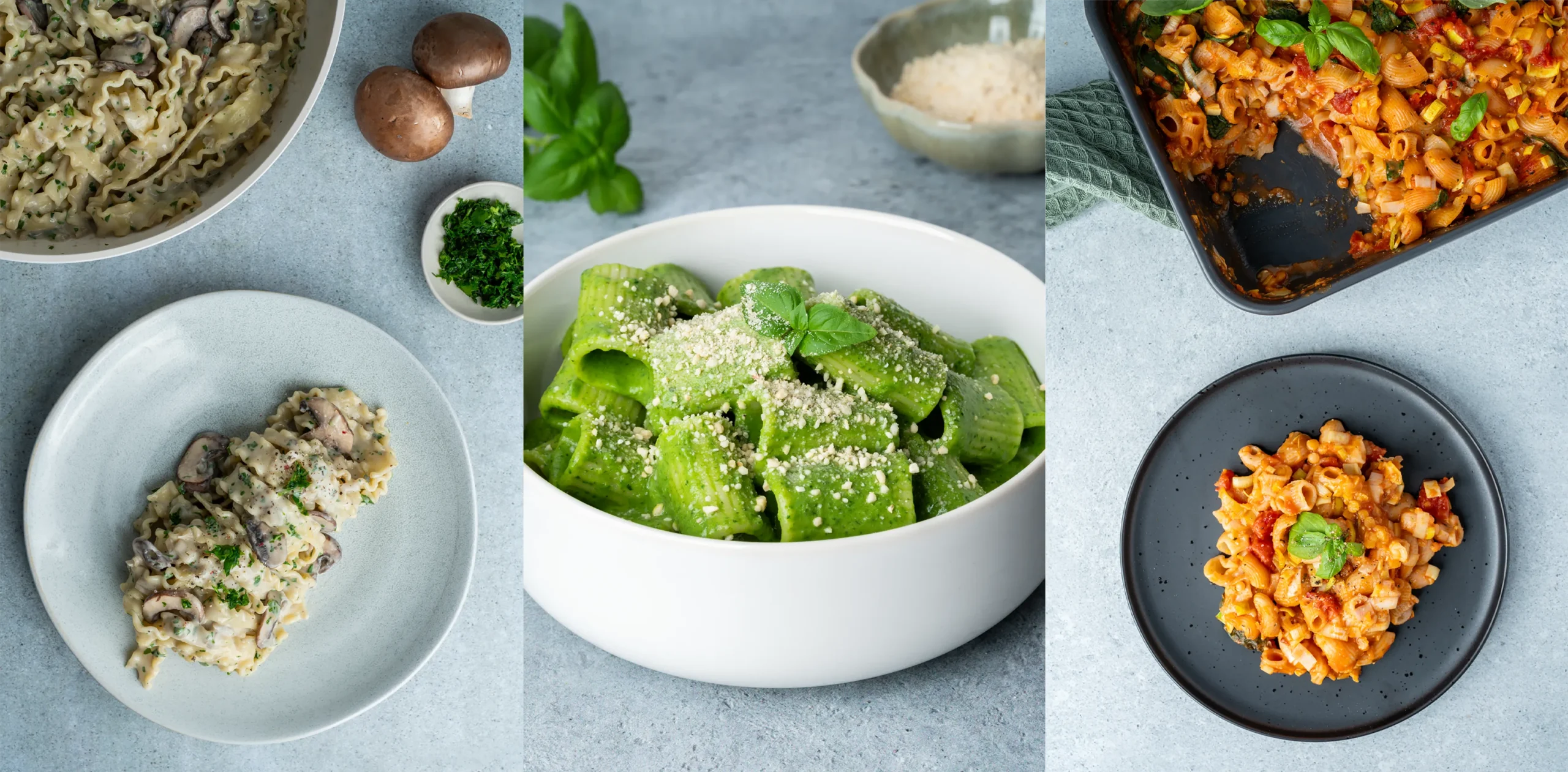 entspannt-vegan-pastaliebe-3-bilder Champignon-Pasta, Green-Goddess-Pasta und Nudelauflauf