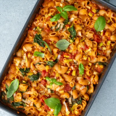 Nudelauflauf ohne Vorkochen in dunkler Auflaufform