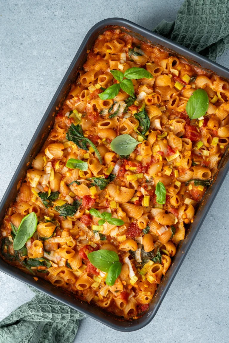 rezept-vegan-gesunder-nudelauflauf-gemuese Nudelauflauf ohne Vorkochen in dunkler Auflaufform