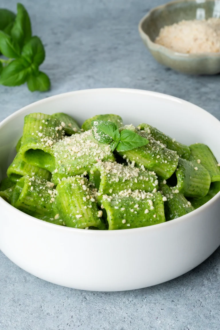 rezept-vegan-green-goddess-pasta Green-Goddess-Pasta in weißer Schale