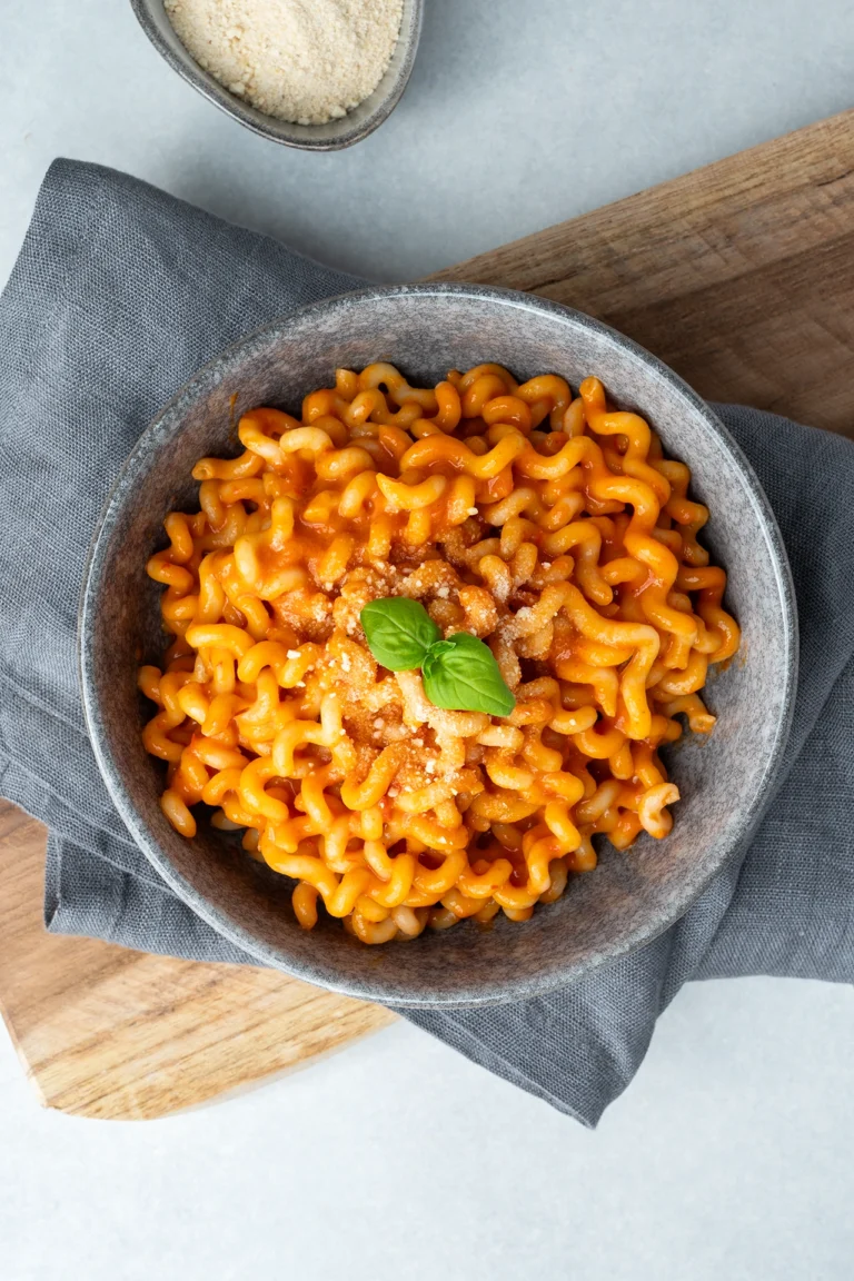 Paprika Pasta in grauer Schale mit Basilikum