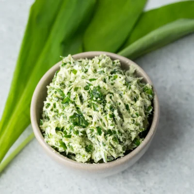 Einfache vegane Bärlauchbutter in kleiner Schale daneben 3 Bärlauchblätter