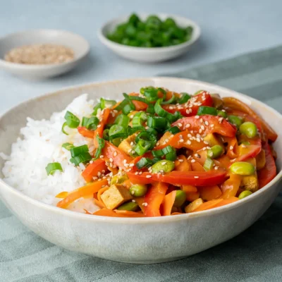 Cremige Tofu-Gemüse-Pfanne mit Erdnusssoße auf Reis