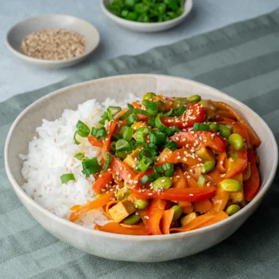 Gemüse und Tofu in Erdnusssoße auf Reis in einer Schale auf einem grünen Tuch