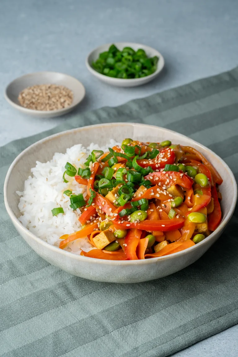 Gemüse und Tofu in Erdnusssoße auf Reis in einer Schale auf einem grünen Tuch
