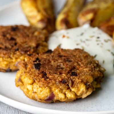 Vegane Frikadellen mit Tofu auf einem Teller mit Kartoffelspalten und Quark