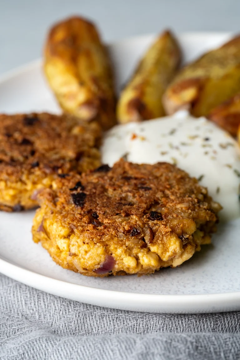 Vegane Frikadellen mit Tofu auf einem Teller mit Kartoffelspalten und Quark