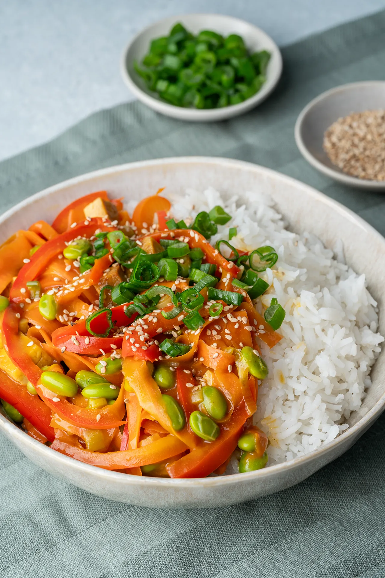 Tofu-Gemüse-Pfanne auf Reis in einer Schale daneben Frühlingszwiebeln und Sesam