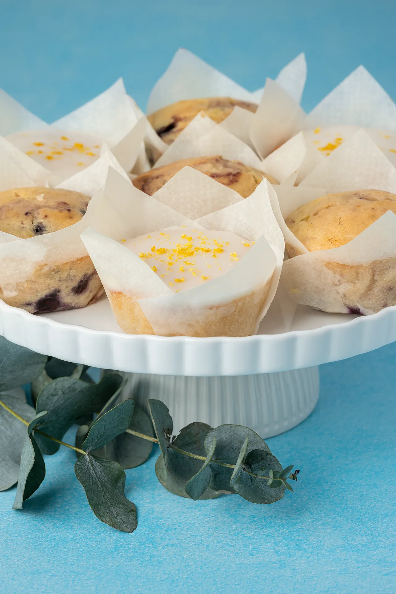 Zitronenmuffins und Blaubeermuffins auf einer weißen Servierplatte