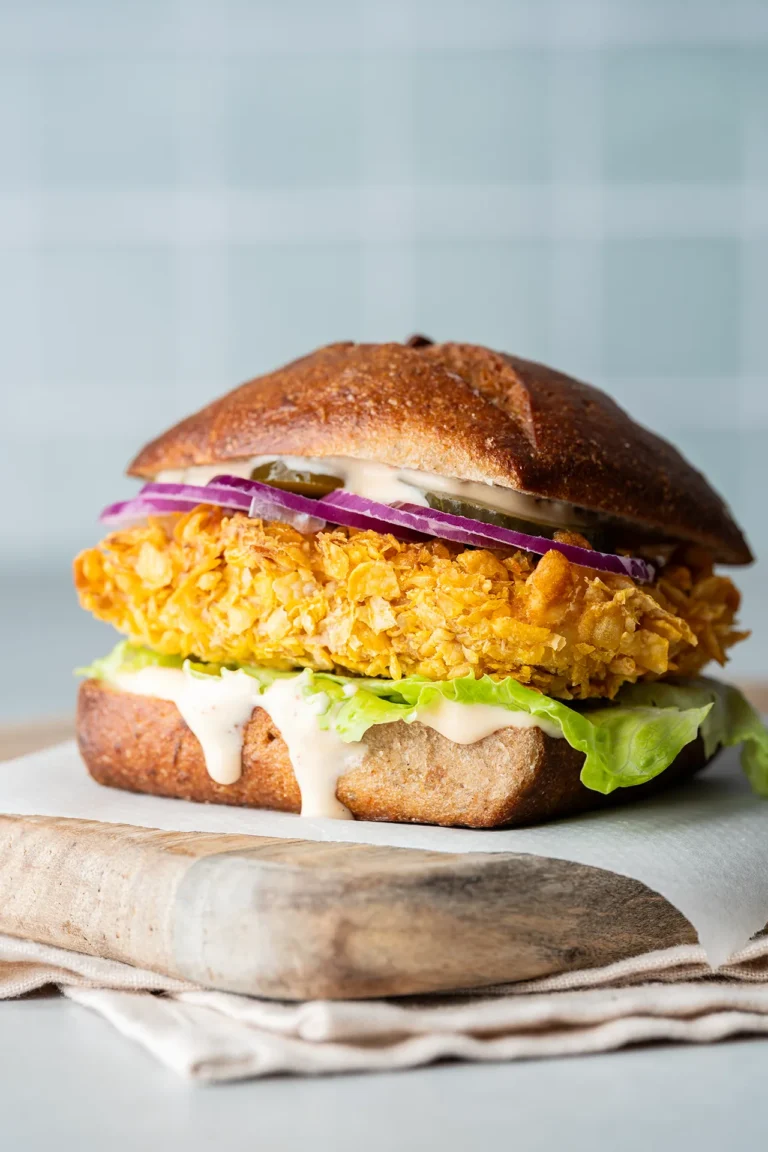 rezept-vegan-crispy-tofu-paniert-sandwich Crispy Tofu Sandwich auf einem Brett