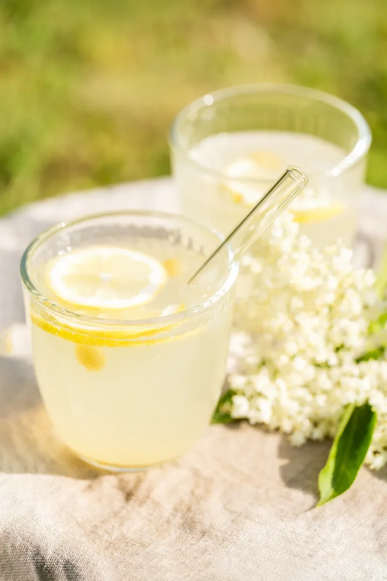 rezept-holunderblueten-limonade-eiswuerfel Zuckerfreie Holunderblüten-Limo in einem Glas mit Trinkhalm