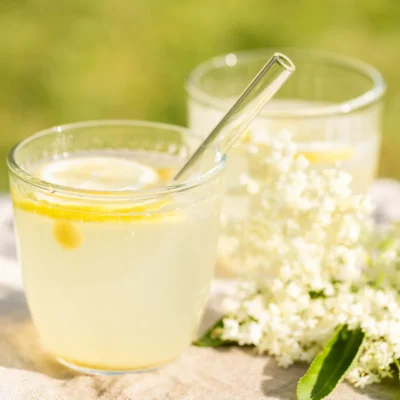 Zuckerfreie Holunderblüten-Limo aus dem Eisfach 5 Holunderblüten-Zitronen-Limo-Würfel in einem Glas mit Wasser und Trinkhalm