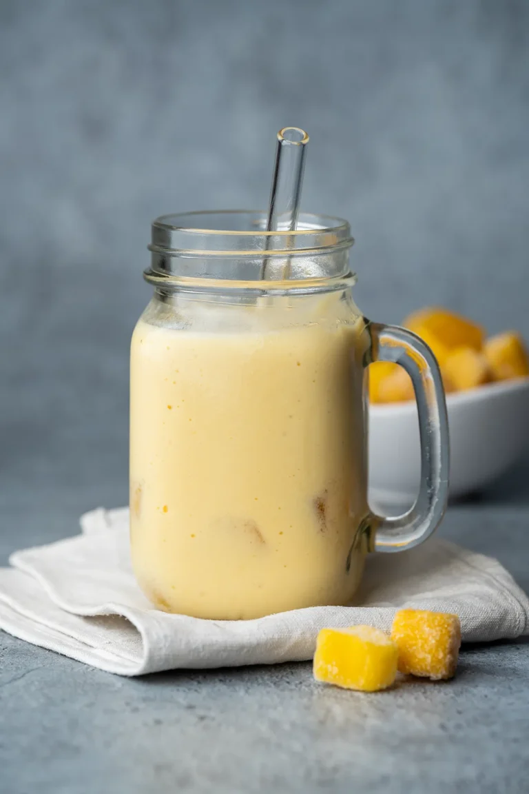 rezept-vegan-mango-lassi-einfach Veganer Mango Lassi in einem Glas mit Trinkhalm, daneben Mangostücke