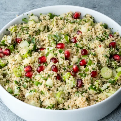 Couscous-Salat mit Kräutern und Zitrone 3 Zitroniger Couscous-Salat mit Kräutern in einer weißen Schale